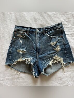 Abercrombie & Fitch Distressed Dark Blue High-Waist Denim Shorts